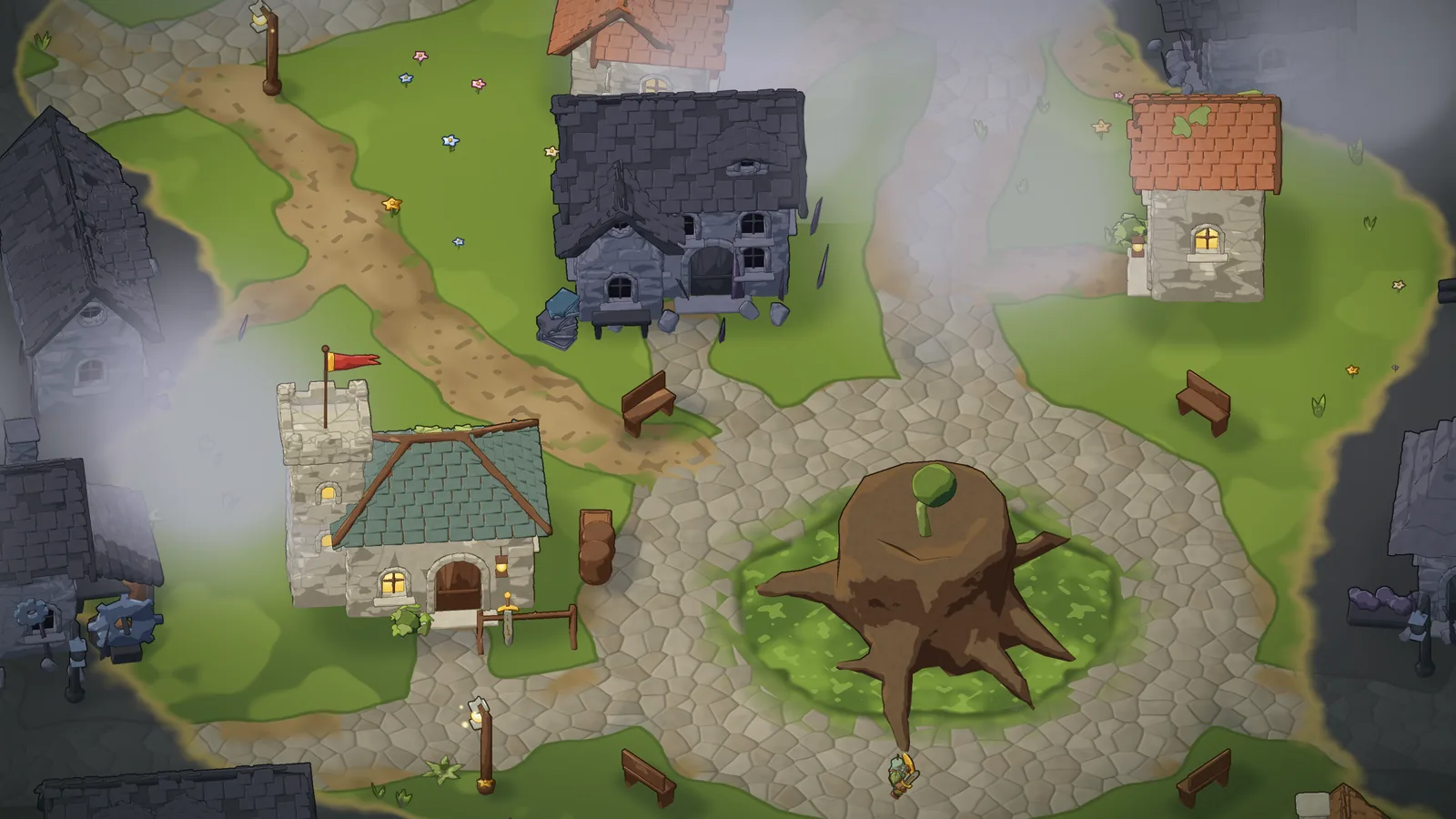 The Summoners' Hall restored in colour among the grey, ruined cottages of Fernwick, with the Life Tree still a stump.